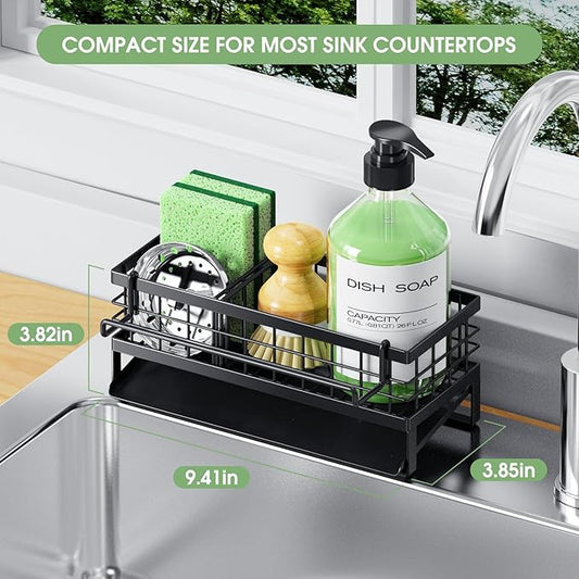 Self-Draining Kitchen Sink Caddy, Rustproof Non-Slip Metal Sponge Holder with Detachable Dish Cloth Holder (Black)