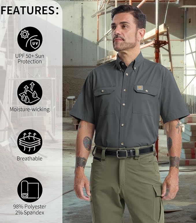 Mens Regular Fit Work Utility Shirt Midweight Short Sleeve Work Wear | Midweight stretch work shirt with reflective trim, 2 secure chest pockets, moisture-wicking comfort, easy-care fabric