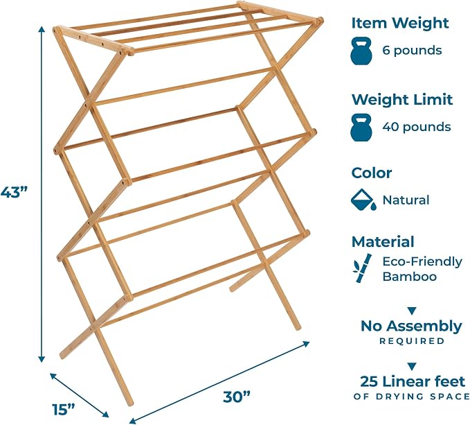 Honey-Can-Do Collapsible Bamboo Drying Rack – Sturdy & Foldable Laundry Drying Rack, Space-Saving & Portable Clothes Rack for Air-Drying Clothes, Towels, Blankets & Delicates, Indoor & Outdoor Use.
