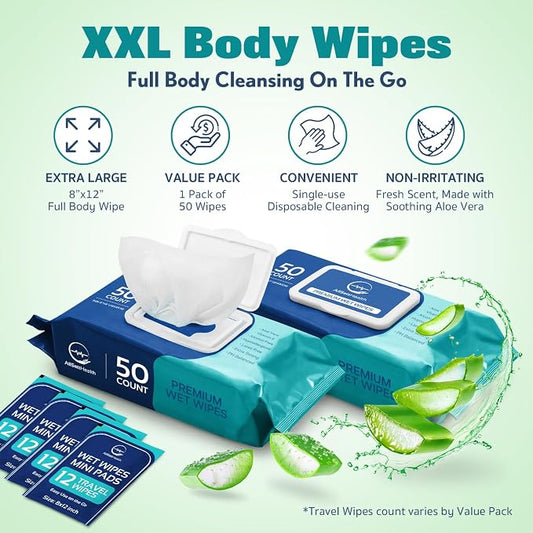 Body Wipes for Adults - XL Wet Wipes 8"x 12"(600 count) | Rinse Free Bathing - Wash Cloths for incontinence, Disposable Washcloths with Aloe Vera and Vitamin E - Camping, Elderly, Bathing