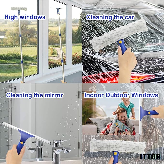 ITTAR Window Squeegee with 2 Sets Separate Pole, 12" Rubber Squeegee and 11" Microfiber Pads, 60"-73.6" Telescopic Window Cleaning Kit with Rotating Head for High Windows, Shower Glass, Car Windshield