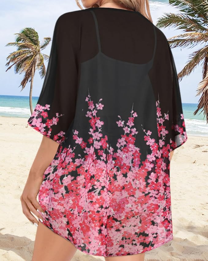 Women Kimono Cardigans Summer Cover Up Hawaiian Shirts Floral Print Tops | ROSEMIA chiffon kimono open front cardigans, beach cover ups, daily casual tops, cruise outfits, summer resort wear