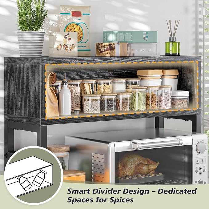EnHomee 4-Tier Microwave Stand for Kitchen Storage, Black | 205 lb Capacity, Adjustable Kitchen Shelves with 9 Hooks & Cutting Board Rack