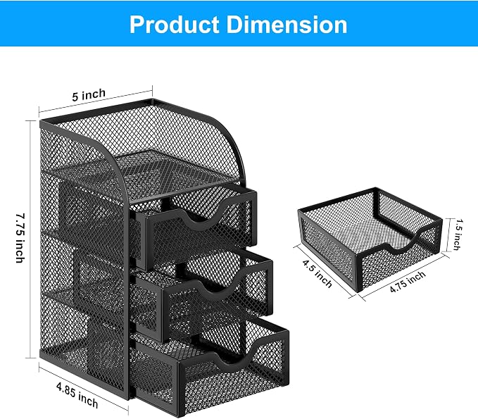 EasyPAG Mesh Desk Organizer with 3 Drawer Office Desktop Organizers and Accessories Stationery Caddy for Office, Home, Students, Black