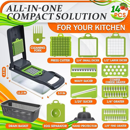 14-in-1 Vegetable Chopper with Container – Veggie Chopper with Container and Lid Includes 6 Blades, Cheese Grater, Egg Separator | Finger Guard, Dishwasher Safe – Veggie Dicer for Chips, Cubes, Strips