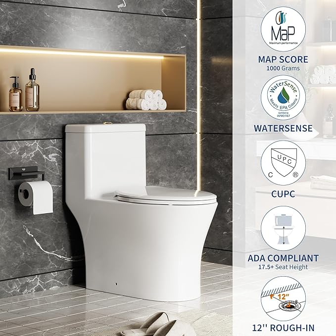 17.5" Elongated One-Piece Toilet with V-Shaped Cover & ADA Height, Soft-Close PP Seat & Easy-Clean Ceramic Surface, Water-Efficient Flush & Compact Design