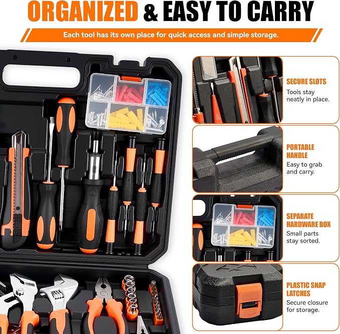 KOOPOOL 160-Piece Tool Kit for Home, Household Tools Set for DIY | Complete Household Tool Set with Hammer, Wrench, Screwdrivers, Pliers and Storage Case for Apartments, Dorms and Home Repairs