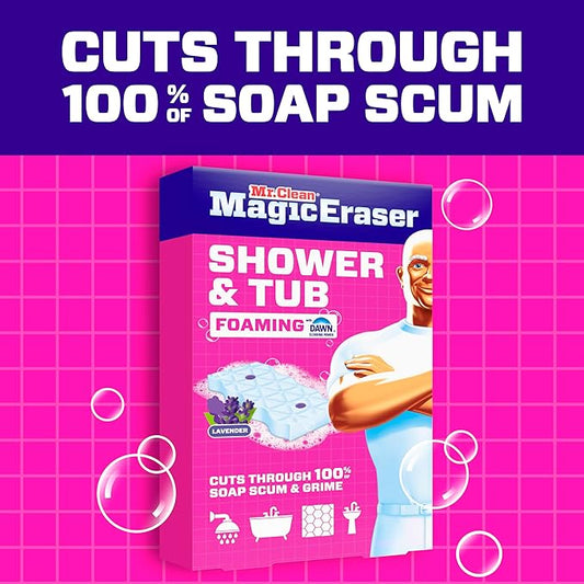 Mr. Clean Magic Eraser Sponge, Bathroom, Shower, Tub Cleaner, Soap Scum Remover, Bathroom Cleaning Supplies, Dawn Cleaning Power with Lavender Scent, Shower & Tub, 6ct