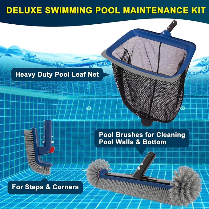 Deluxe Swimming Pool Cleaning Kit Including Pool Skimmer Net with Rubber Edge, 17.5" Pool Brush Head & Rotatable Pool Scrub Brush, Heavy Duty Pool Cleaning Kit Inground & Above Ground Pool (No Pole)