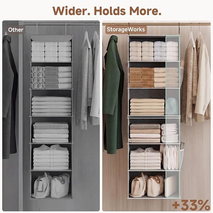 StorageWorks 6-Shelf Jumbo Closet Organizers, Two 3-Shelf Separable Hanging Shelves for Closet, 13" D x 15" W x 47 ¼"H,Gray