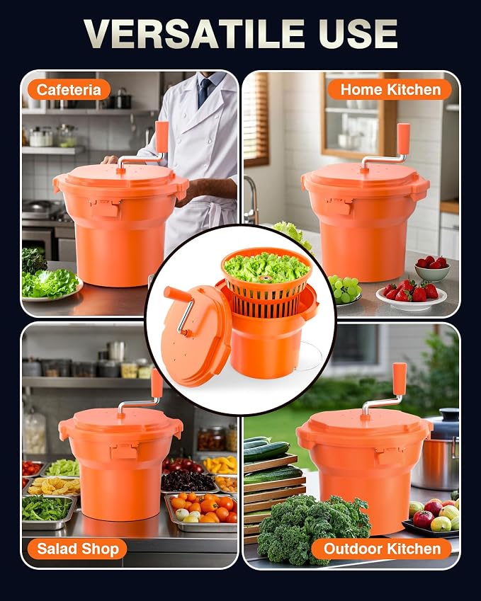 Wantjoin Commercial Salad Spinner - 2.5 Gallon Salad Dryer w/Aluminum Handle & Draining Hose, 10Qt Manual Salad Spinner for up to 3 Heads of Lettuce Spinner Large for Catering Kitchen