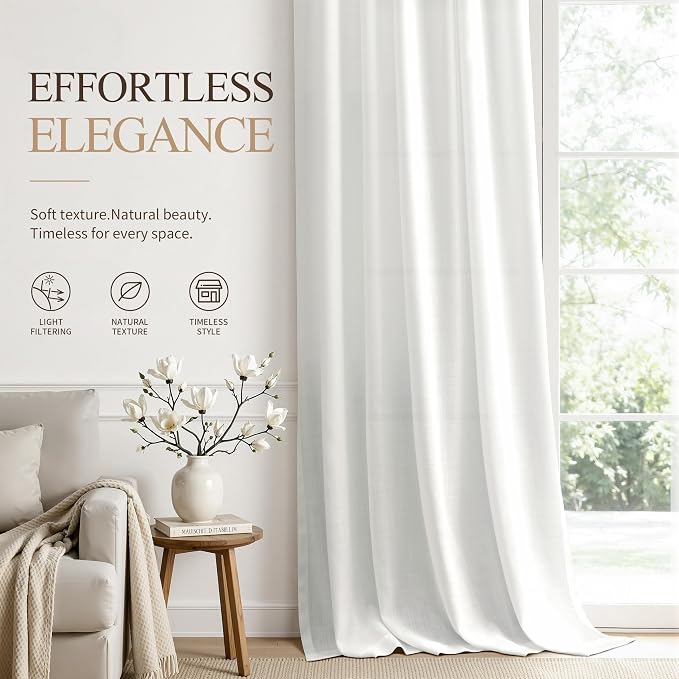 Hokibero Ivory Linen Curtains 96 Inches Long for Living Room 2 Panels | Light Filtering Sheer Curtain, Back Tab Rod Pocket Pleated Look, Textured Privacy Drapes for Bedroom Window, Boho Farmhouse