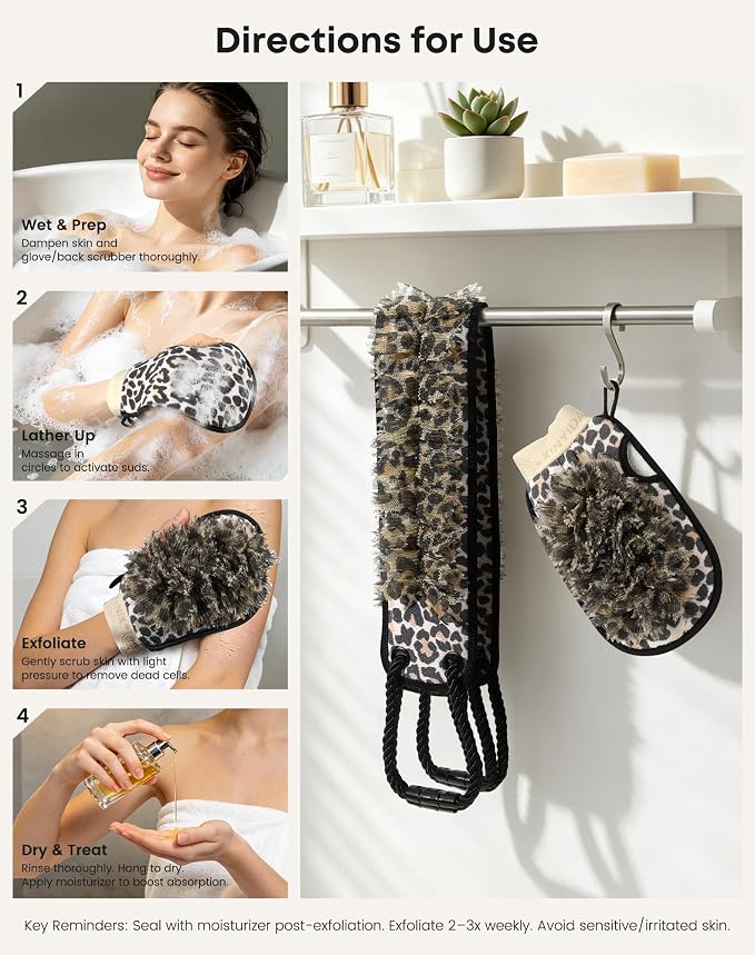 eaxun Exfoliating Back Scrubber with Two Handles & Glove for Shower, Dual-Sided Bath Exfoliator and Mitt with Mesh Loofah for Men, Women, Elderly, Deep Cleansing Body Washer Set - Leopard