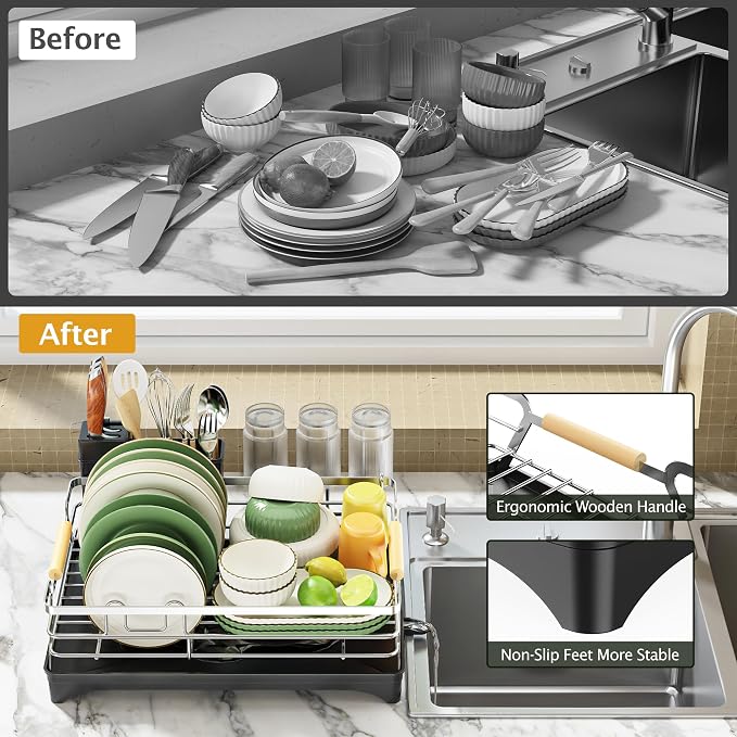 Epicano Dish Drying Rack for Kitchen Counter,Large Capacity,Silver | Raised Feet,Rustproof,Wooden Handle,Auto-Drainage System,Cup Holder & Knife Slots, Sink Storage Organizer