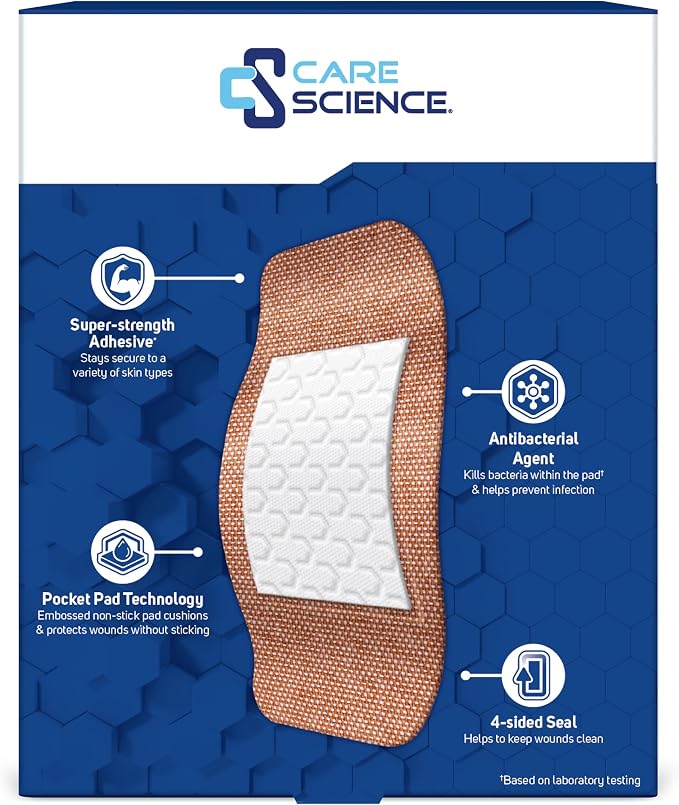 Care Science Heavy Fabric Adhesive Bandages, Assorted Sizes, 60 Count | Flexible + Breathable Protection for First Aid and Wound Care.