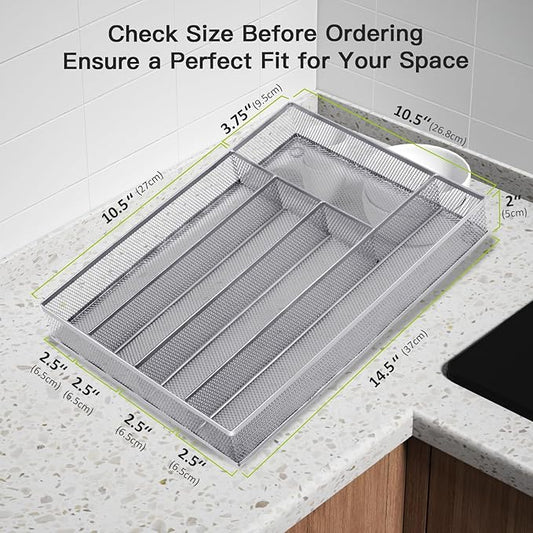 Neudeco Silverware Drawer Organizer Holder, Cutlery Tray Silverware Flatware Storage Divider for Kitchen, Bedroom, Living Room,Mesh Wire with Non-slip foam Feet, 5 Compoment( Silver)
