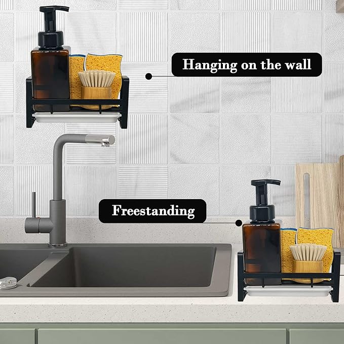 VANTEN Kitchen Sink Caddy Sponge Holder Organizer, Sink Tray Drainer Rack, Soap Dish Dispenser Brush Holder Storage Accessories - Countertop or Adhesive Wall Mount, Matte Black Stainless Steel