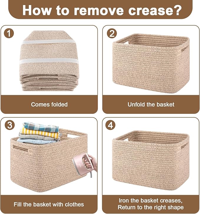 OIASKET Storage Baskets for Organizing, Woven Decorative Baskets for Shelves - Books, Towels, and Clothes, Cotton Rope Toy Storage Bins, 12.7''Lx9''Wx7.8''H, Pack of 4, Brown
