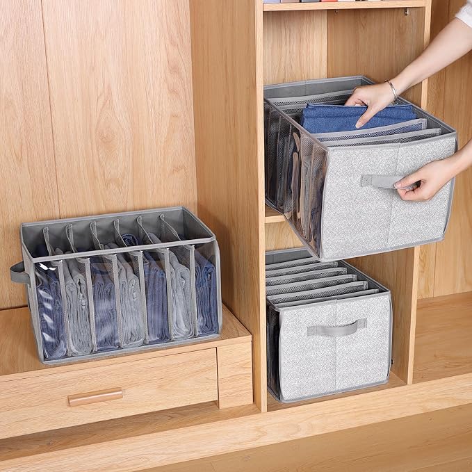 Zilink Upgraded Wardrobe Clothes Organizer with Support Board Clear Pants Organizer for Closet with 7 Grids Storage Bin with Dividers for Jean Pant Sweater Legging T-Shirt, 3 Pack