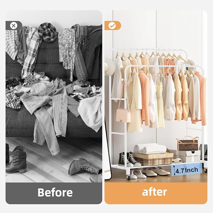 Sooyee Double Rod Clothing Rack with Wheels,3 Tier Garment Racks for Hanging Clothes,Portable Clothes Rack with 4 Hooks for Bedroom,Laundry Room,White