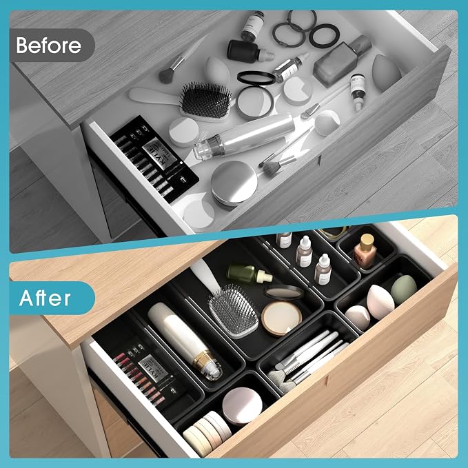 33 PCS Drawer Organizer Set, 4 Size Makeup Drawer Divider Organizer With Non-Slip Pads, Interlocking Plastic Storage Bins for Office,Jewelry Vanity,Gadgets, Bathroom,Kitchen, Black