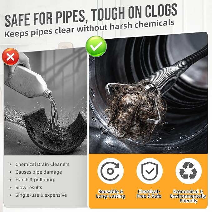 10PCS Drain Snake Kit, 63" Heavy Duty Plumbing Auger, 60" Sink Snake Brush, 20" Clog Remover, 18" Cleaning Brush with Gloves, Pipe Cleaner for Kitchen Sink, Bathtub, Toilet, Sewer Drainage