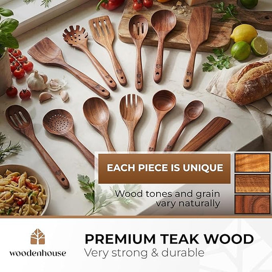 Wooden Spoons for Cooking – 13 Pcs Premium Teak Wooden Utensil Set - Durable, Safe for Nonstick Cookware, Easy to Clean & Heat Resistant Kitchen Utensils Set Wood with Ergonomic Handles