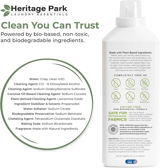Heritage Park Silk & Wool Delicates Detergent - Spring Magnolia - 32 fl oz | EWG Verified & EPA Safer Choice - Enzyme-Free Liquid Detergent - Hypoallergenic, Dermatologist Tested, Gentle on Silk & Wool