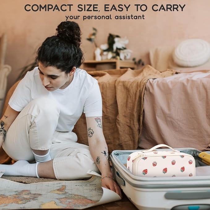 Relavel Makeup Bag, Small Makeup Bag for Women, Travel Cosmetic Bag, 2 Layers Waterproof Makeup Organizer Storage with Makeup Brush Holder, White Straberry