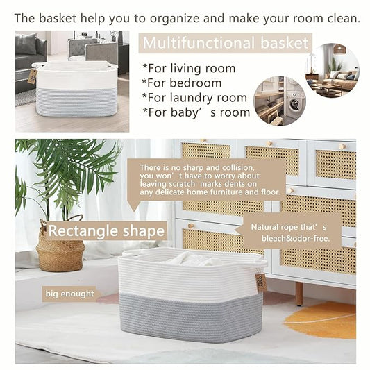 COMFY-HOMI Large Rectangle Laundry Storage Basket | Cotton Rope Woven, Organizing with Handle | Dirty Cloth & Baby Shower Basket | 22x15x12' - White/Grey