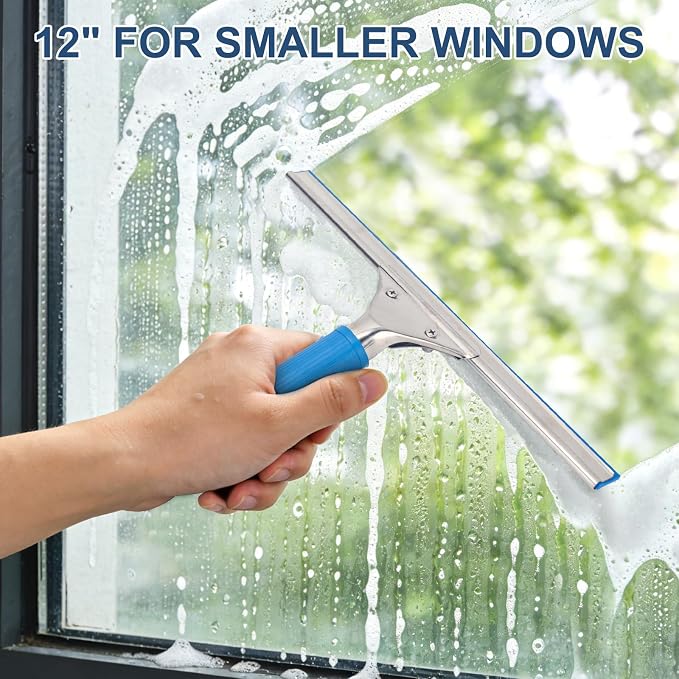 Professional Squeegee for Window Cleaning, 18” Window Squeegee for Shower Glass Door, Stainless Steel Rubber Squeegee Includes 12” Replacement Blades