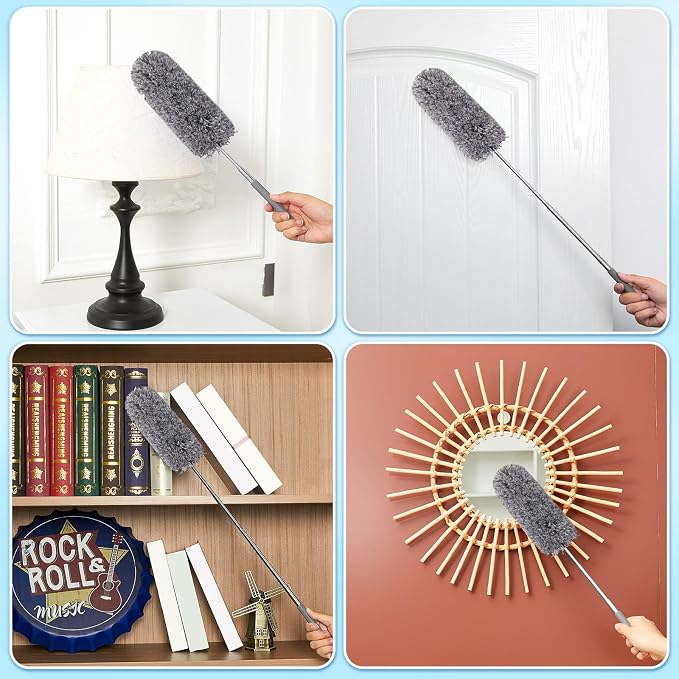 Tanlade 1 Pcs Microfiber Feather Duster for Cleaning, Extendable 13-31 Inch Ceiling Fan Duster with Bendable Head, Washable Tools for Ceiling Fans, Furniture, Car, Cobwebs (Gray)