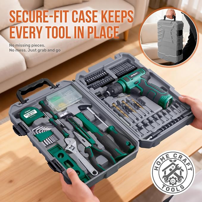 Hi-Spec 8V USB Power Drill Driver and Home Tool Kit with Toolbox Set, Green | Faster holes and Screwdriving, Bit accessories, Compact carry storage, Home setup help, Quick repair and maintenace