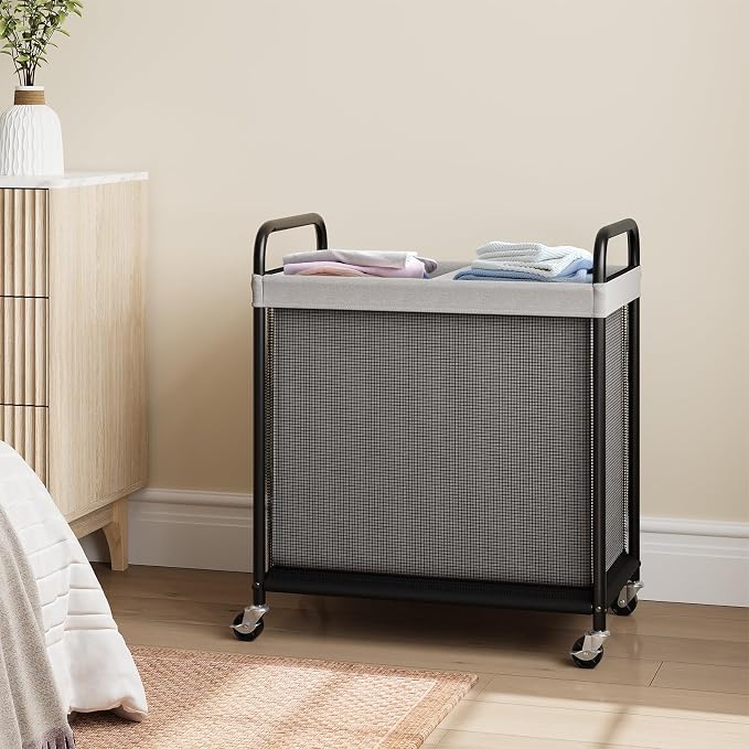 ELYKEN Laundry Hamper 2 Section, 100L Rolling Laundry Sorter with Wheels | Removable Washable Liner Bags, Sturdy Steel Frame and Metal Handle, Double Compartment Clothes Organizer for Laundry Sorting