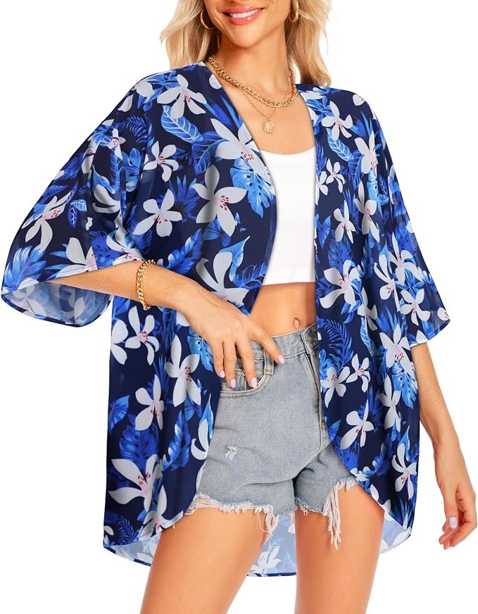 Women Kimono Cardigans Summer Cover Up Hawaiian Shirts Floral Print Tops | ROSEMIA chiffon kimono open front cardigans, beach cover ups, daily casual tops, cruise outfits, summer resort wear