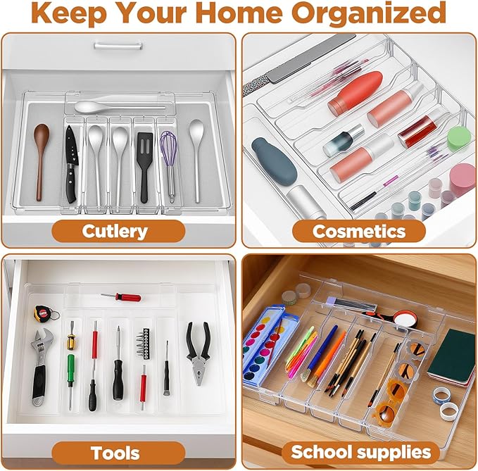 Expandable Utensil Drawer Organizer, Clear Plastic Silverware Tray for Drawers 9 Compartments Adjustable Non-Slip Drawer Storage Organizer for Tableware Knives Forks Spoons Tools Stationery