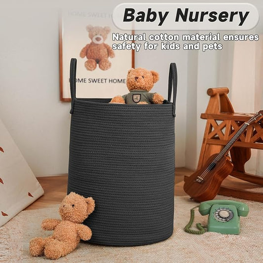 JMvicyroam Large Woven Laundry Basket Hamper,100L Cotton Rope Storage Bin for Blankets,Toys and Clothes,Decorative Tall Nursery Hamper for Living Room,Baby Nursery,Bathroom and Bedroom,Black