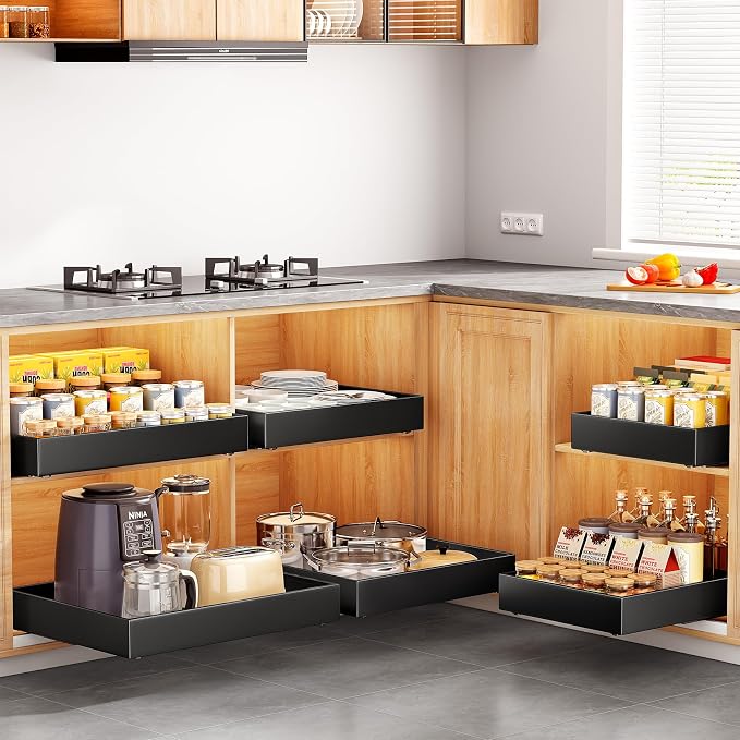 2Pack Pull out Cabinet Organizer, 21"Deep, Heavy Duty Full-extension Slide out Drawers for Kitchen Cabinet, Roll out Shelf Storage with Nano Adhesive for Pots,17"W x 21"D x 3.1"H, Black