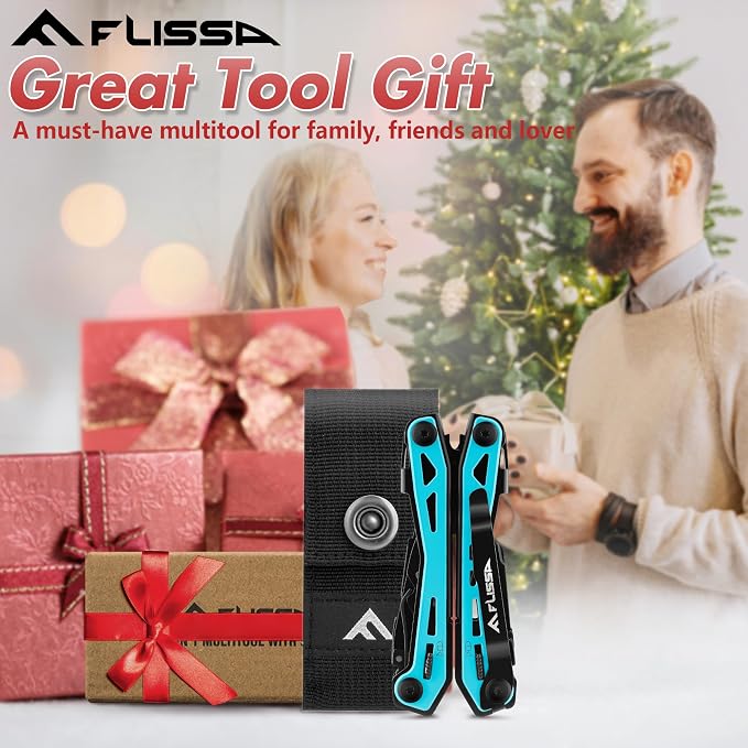 FLISSA 16-In-1 Multi-Tool Pliers, EDC Multitool, Aqua Blue | Gift for Men, Stainless Steel, Pocket Knife, Belt Clip, Oxford Pouch, Safety Locking, For Camping, Survival & Outdoor