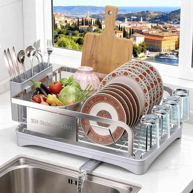 Godboat Dish Drying Rack -304 Stainless Steel Dish Rack for Kitchen Counter | Dish Drainer with Cutlery Knife Fork & Cup Rack, Auto-Drain to Sink, Gift for Wife Mothers Her, Home & Family Gadgets, Silver