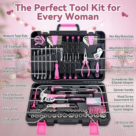 159 Piece Pink Tool Set, Tool Box Kit for Women Men, General Household Home Tool Kit, Basic Tool Kit for Home Auto Repair, with Storage Case