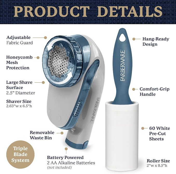 Farberware Fabric Shaver & Lint Roller Set, Large, Portable | Sticky sheets lift pet hair and dust, triple-blade design restores fabrics to like-new condition, for clothing and bedding