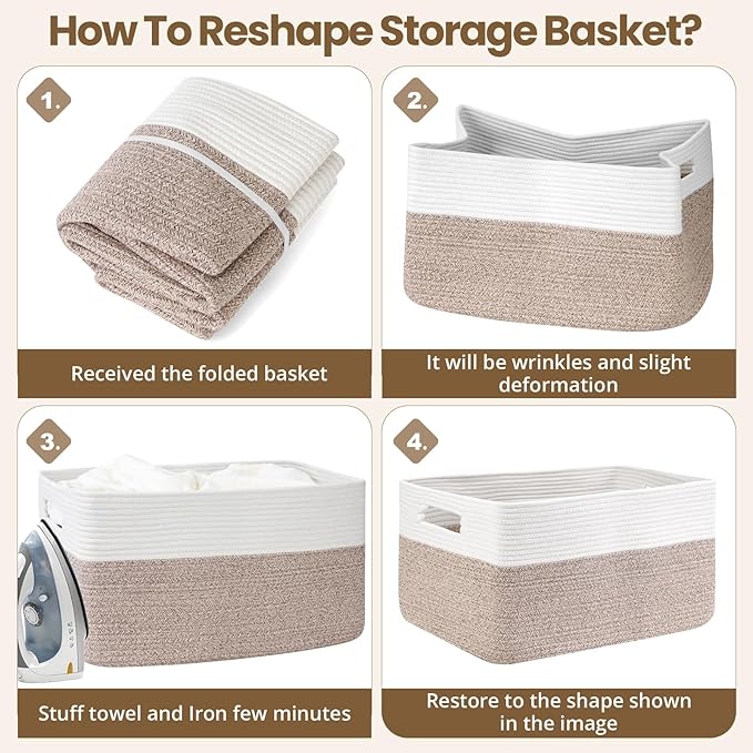 Optish 95L Large Blanket Basket, Woven Storage Baskets with Reinforced Handles, Rope Laundry Basket for Living Room, Bedroom, Nursery, Toys, Clothes,Pillows, 24” x 17” x 13.5”, White & Brown