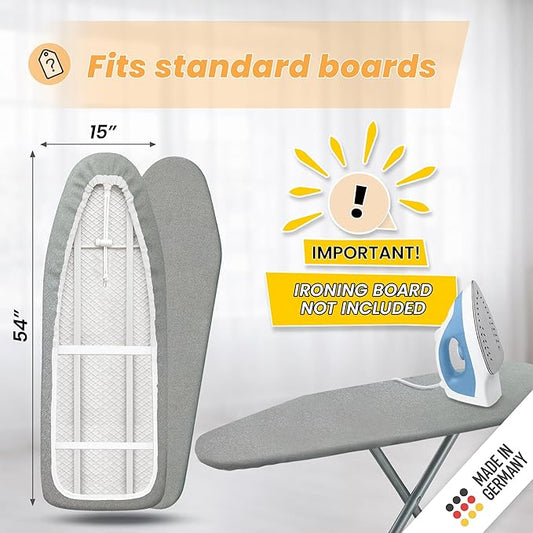 Ironing Board Cover and Pad 15x54 - Made in Germany Iron Board Cover with Heat Reflective Aluminum Coating and Padding- Heavy Duty Iron Board Cotton Cover with Elastic Drawstring Stretch Fit (Silver)