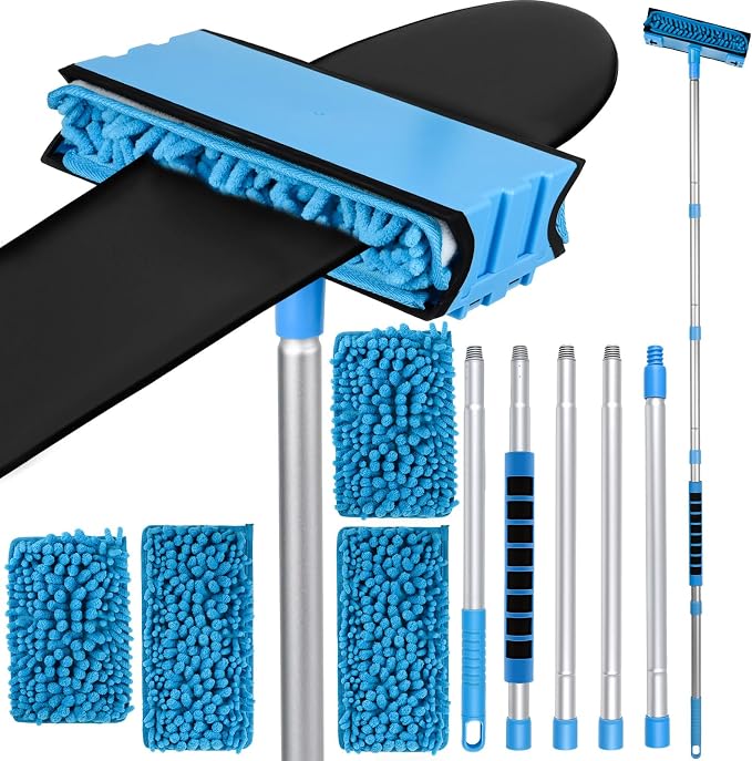 Ceiling Fan Cleaner Duster, 6Ft/72in Extension Aluminum Pole, Blue | 4 Reusable Chenille & Microfiber Mop, High Ceiling Fan Blade Cleaning Tool for Cleaning Walls Floor, Baseboard, Cobweb