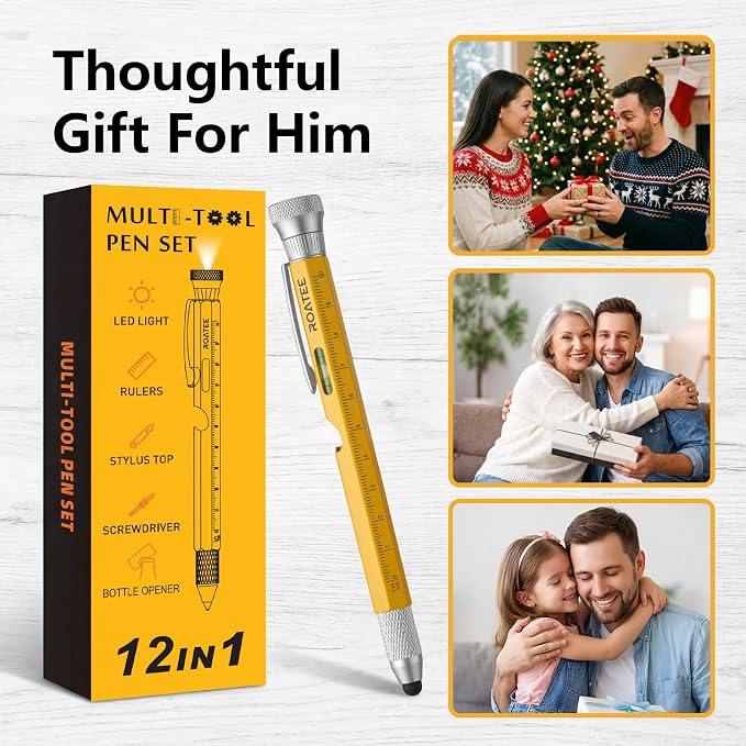 ROATEE Fathers Day for Men Multi Tool Pen 12 in 1 Cool Stuff Gadgets Gifts for Husband Birthday Personalized Gift for Dad Fidget Construction Pen with Small Screwdriver, Level, Ruler,Led Light,Yellow