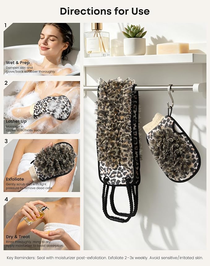 eaxun Exfoliating Back Scrubber with Two Handles & Glove for Shower, Dual-Sided Mitt and Wider Bath Exfoliator with Mesh Loofah for Men, Women, Elderly, Deep Cleansing Body Washer Set - Leopard