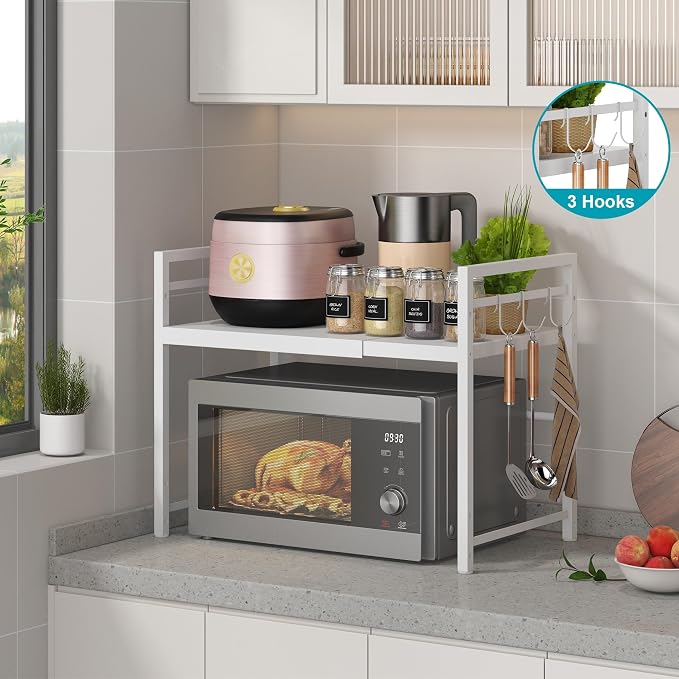 DOLALIKE Expandable Microwave Stand Kitchen Countertop Organizer, White | Adjustable Microwave Oven Rack Metal Storage Shelf with 3 Hooks for Pans Small Appliances Kitchen Utensils Tableware, 2-Tier