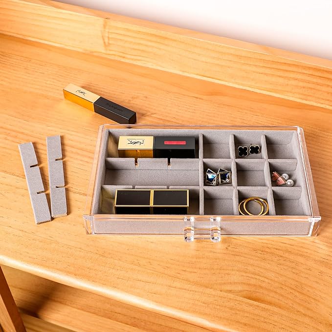 Frebeauty Acrylic Jewelry Organizer Earring Organizer Box with 5 Drawers Earring Holder Organizer with Velvet Trays Clear Jewelry Box for Women Earring Display for Rings Studs(Grey) | 61 Jewelry Storage Grid for Rings Studs Bracelet,Velvet Lining,Trans...