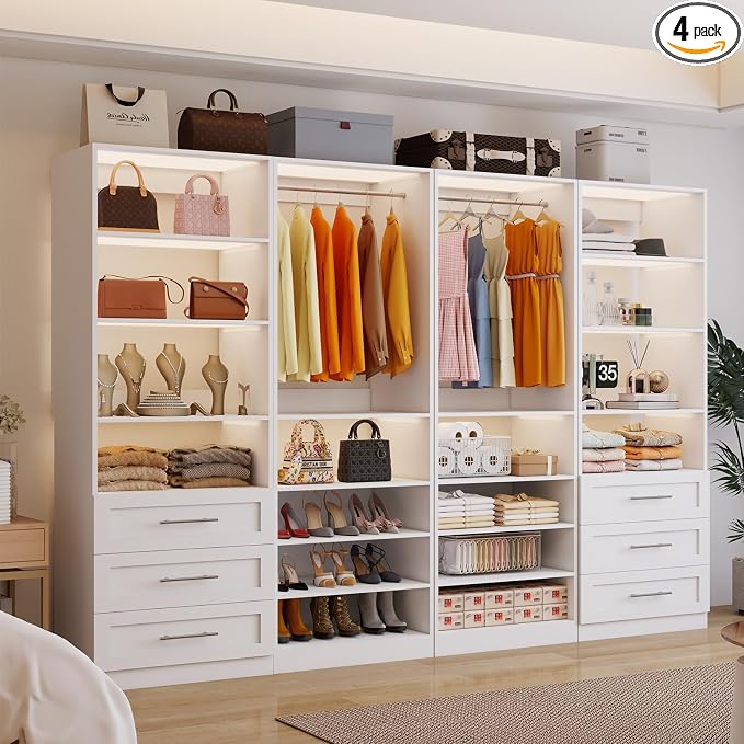 Closet system with 6 Wooden Drawers, 8-21FT Closet Organizer System, 6 Expandable Hanging Rods and 16 Open Shelves for Walk in Closet, Modular Closet Storage System with Shelves, Set of 4